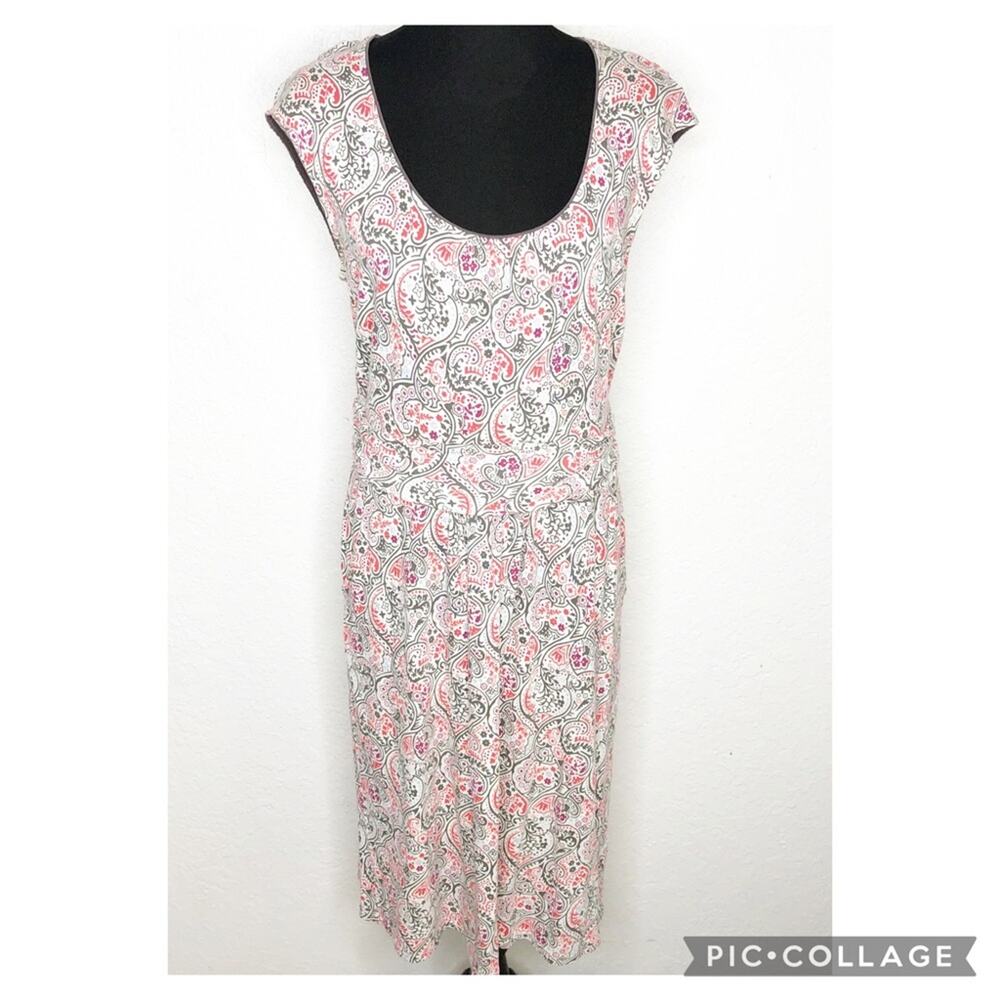 Boden white pink red taupe gray floral paisley print midi dress size 12 Long 12L